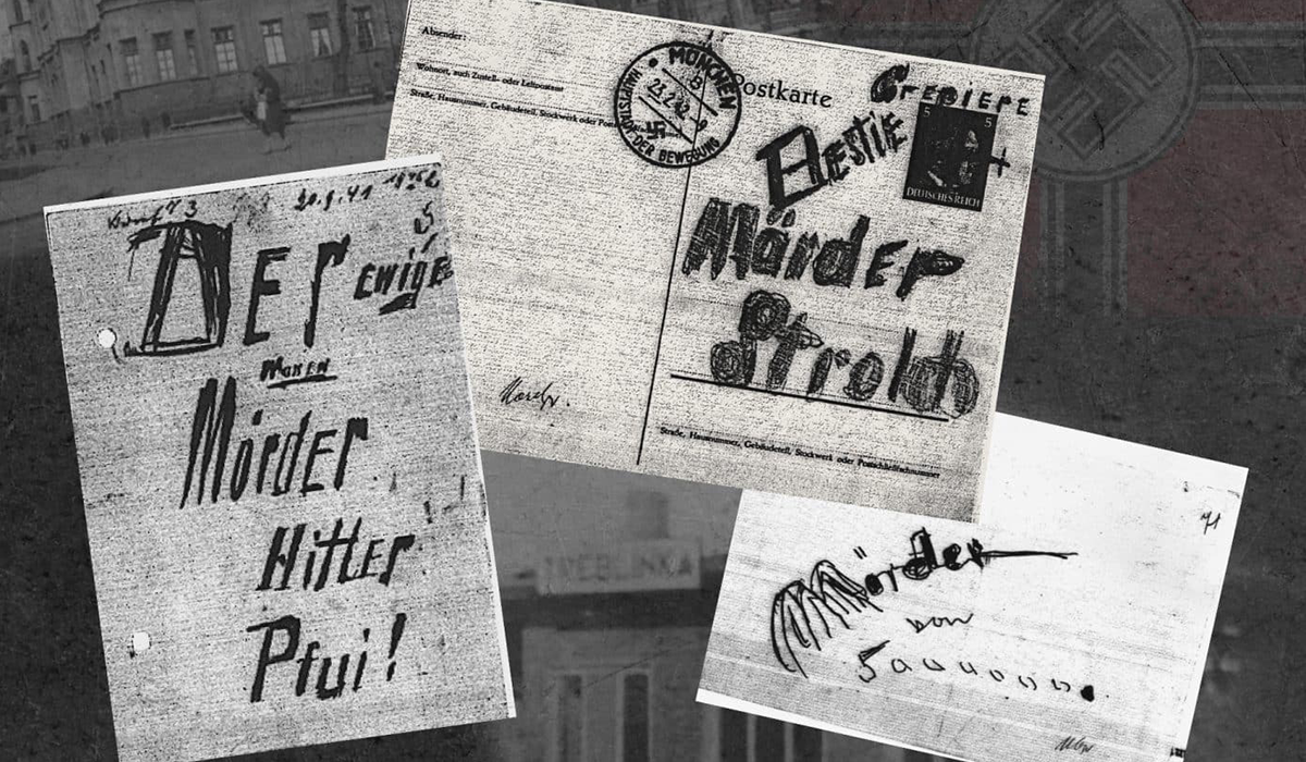 Three handwritten postcards in German by Benno Neuburger, as shown on the cover of “Postcards to Hitler.”