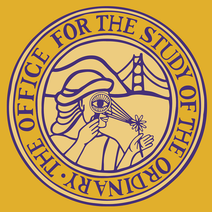 The San Francisco State University logo modified with the goddess of wisdom holding a magnifying glass over her right eye in her right hand and holding a sunflower in her left hand surrounded by the text The Office for the Study of the Ordinary
