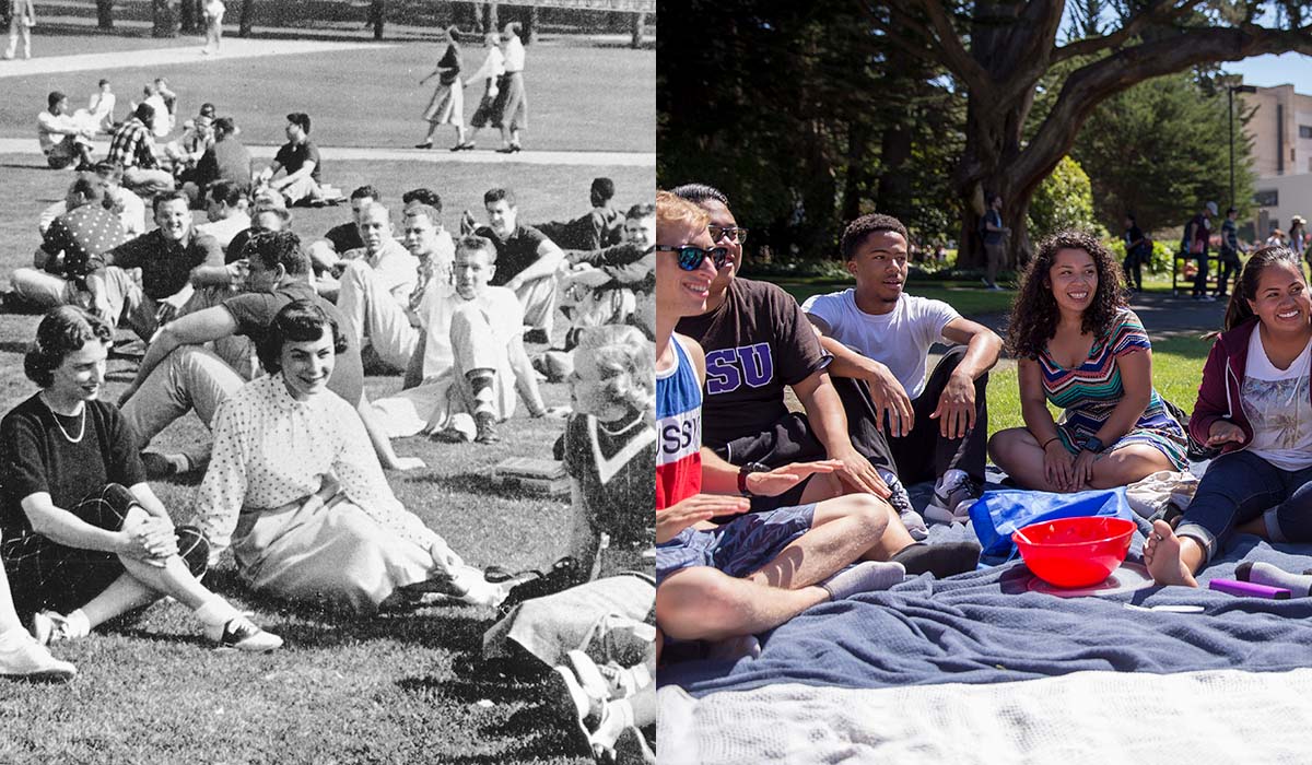 Archive photo of students (left) and current students (right) sitting in the Quad