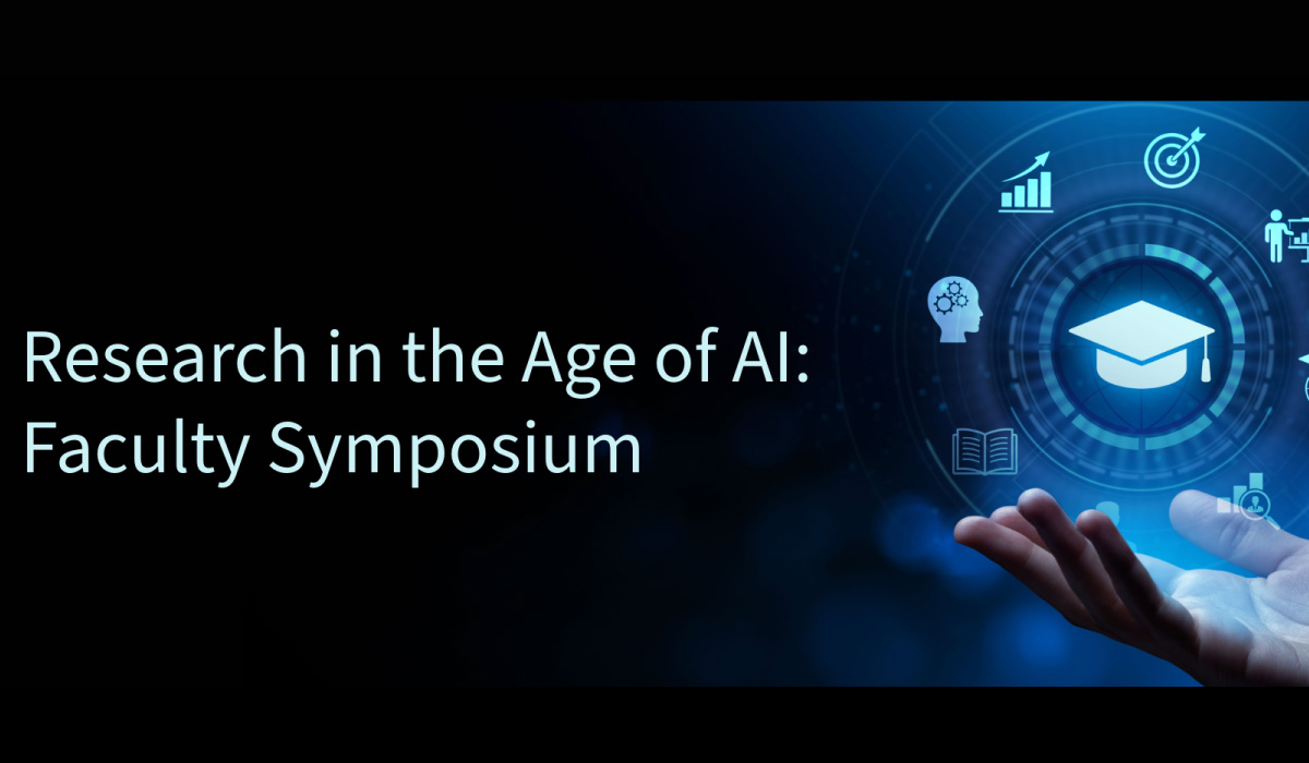 A graphic for the Research in the Age of AI Faculty Symposium featuring a hand opening up to a circle of images surrounded by a graduation cap image