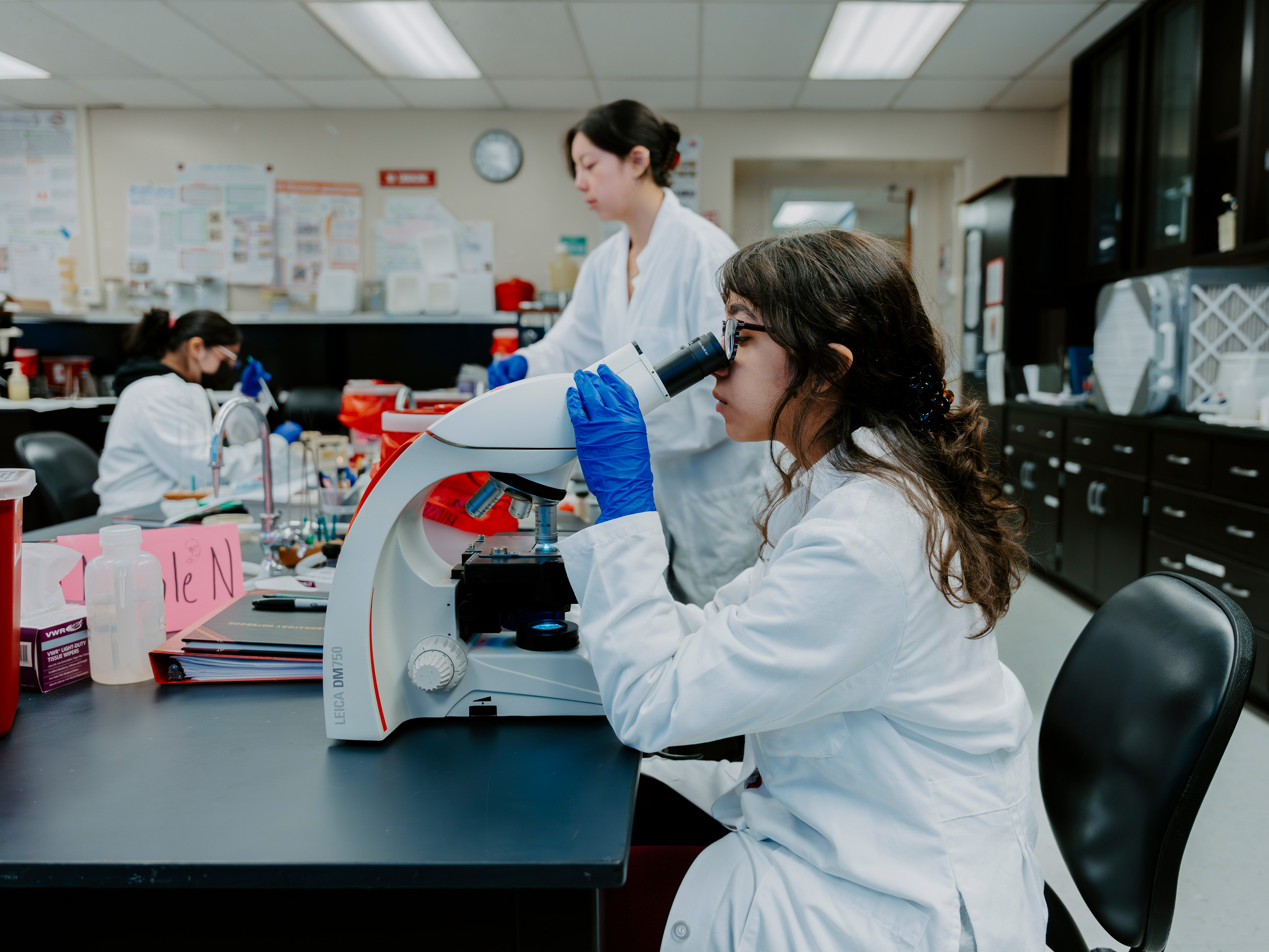 One student looking into microscope