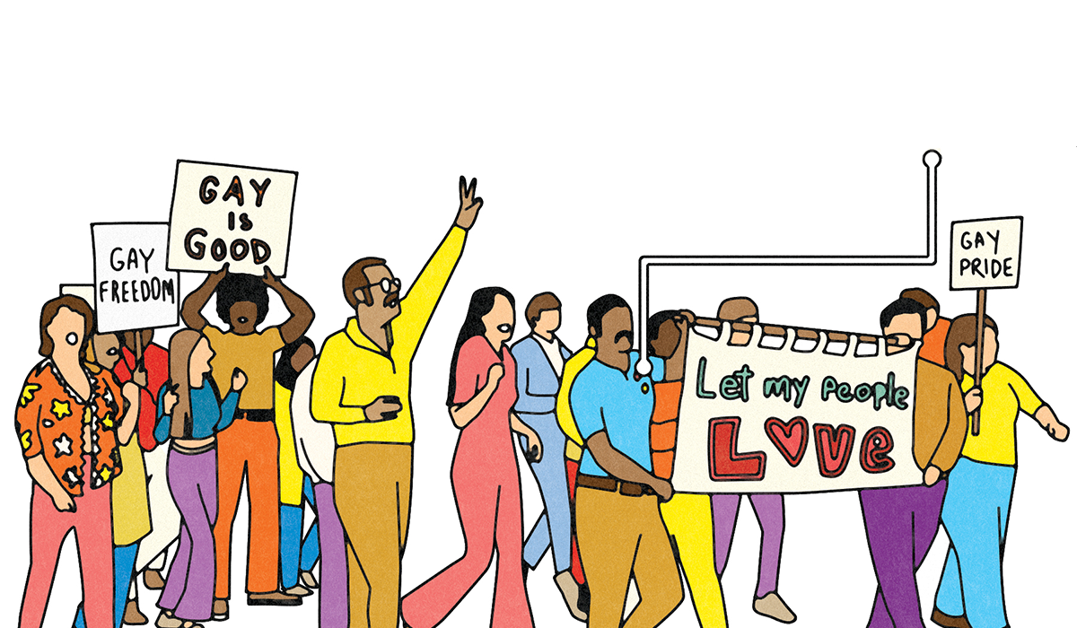 Comic art of a group of people holding signs "Gay is Good" and peace signs of Gay liberation