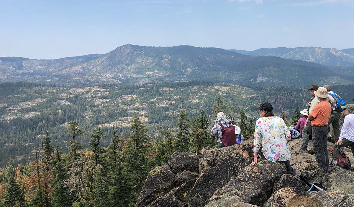 Students on a mountain top looking at a scenic view