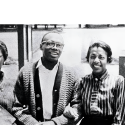 Willie Brown (second from left) stands with three other students on the then-new SF State campus by Lake Merced in the 1950s. Courtesy of the University Archives/J. Paul Leonard Library.