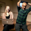  One actor holds his laptop over his head about to slam it on the ground while an actress watches while seated with her laptop on her lap 