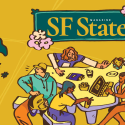 The SF State Magazine spring/summer 2025 issue cover illustration depicting students seated at tables in a dining area in front of a yellow background
