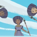 A still image from "A Pocket Magic Flute" depicting three people looking downward while wearing Egyptian crowns and holding staffs with a partly cloudy sky visible behind them