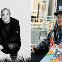 Dan Nakamura black and white photo while he crouches in grass and LeRoid David photo of him signing autographs of his poster while seated outdoors at a booth