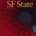 The words SF State Magazine on an image looking up through a tent at a starry sky