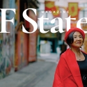 The cover of SF State Magazine featuring a photo of Genny Lim standing in an alley in San Francisco while wearing a red beret, red coat and black shirt