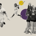 A soccer player, a softball player and the volleyball team in a montage