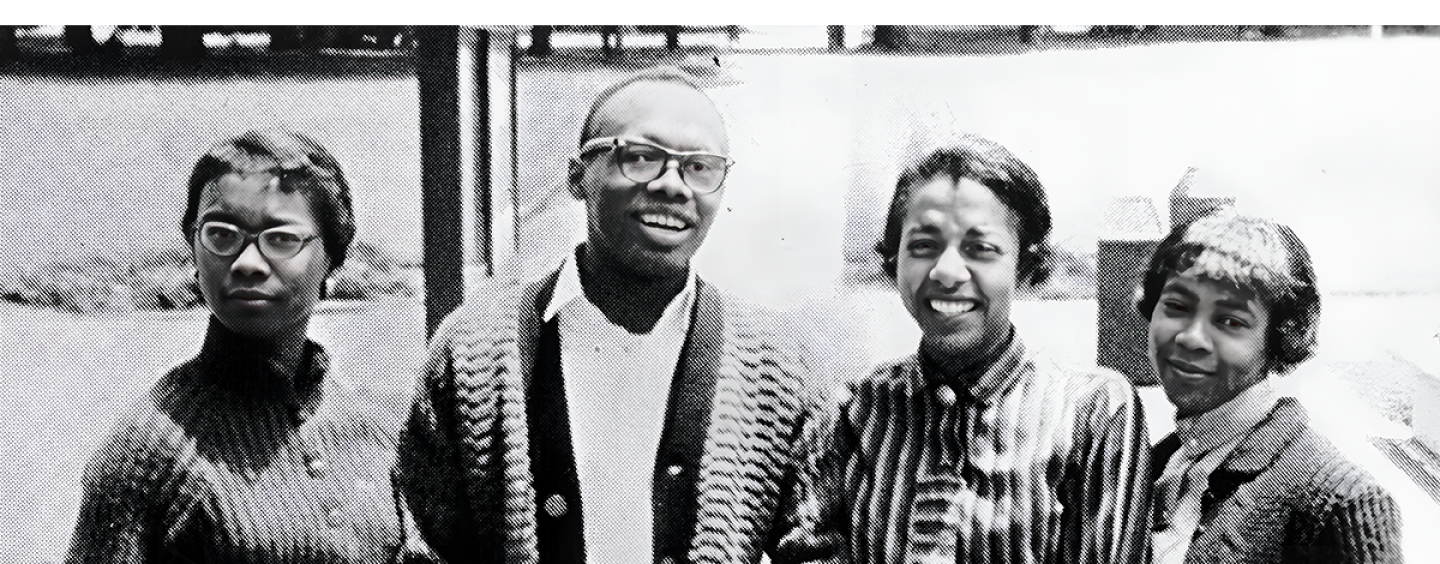 Willie Brown (second from left) stands with three other students on the then-new SF State campus by Lake Merced in the 1950s. Courtesy of the University Archives/J. Paul Leonard Library.