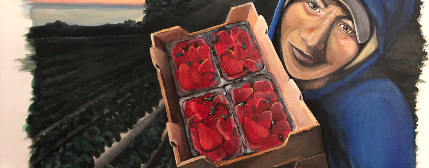 Hannah Baldrige’s “Shining Light” is a painting of a farmworker wearing a blue hoodie and baseball cap carrying crates of strawberries on a field.