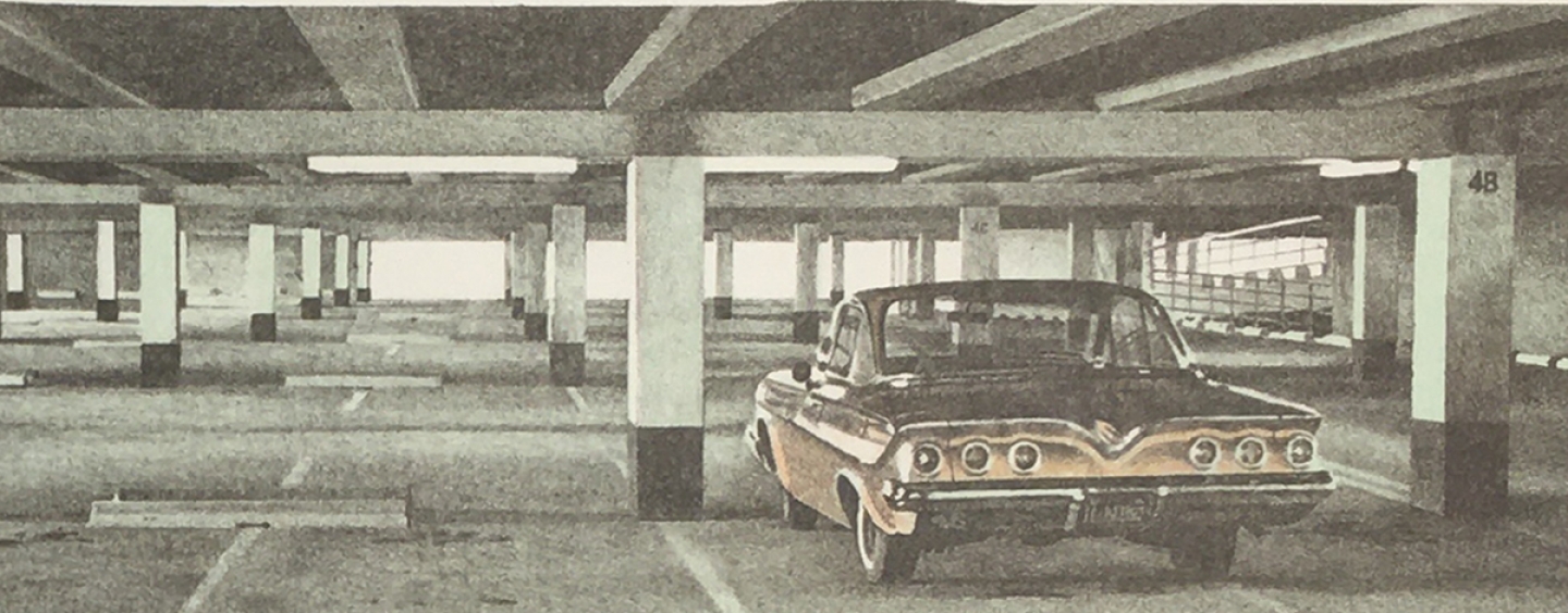 Robert Bechtle’s lithograph ’61 Impala shows a lonely Chevy parked inside the SF State parking garage
