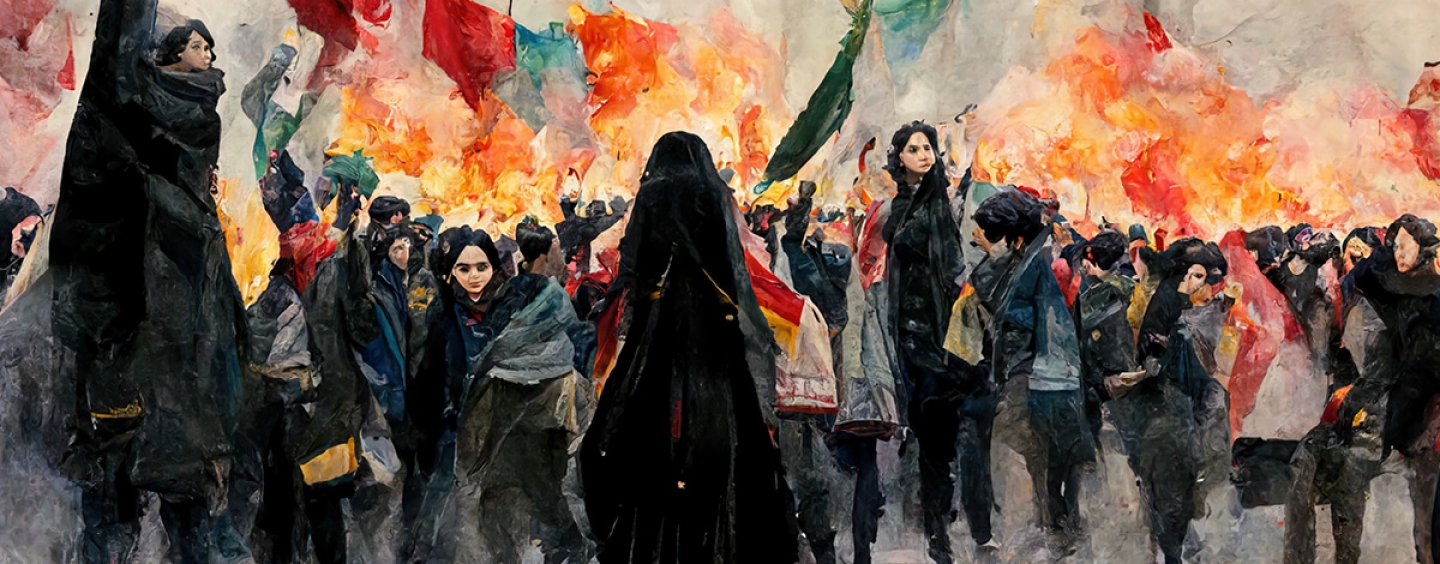 alt="Watercolor digital painting of anti-hijab and anti-government protests in Iran showing women burning head scarves in a powerful human rights movement for equality and solidarity"