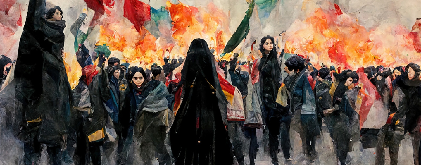 alt="Watercolor digital painting of anti-hijab and anti-government protests in Iran showing women burning head scarves in a powerful human rights movement for equality and solidarity"