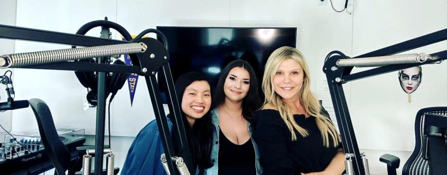 Crave Radio” hosts Jennifer Gee, Alexandra Lopez and Samantha Ferro smile for a photo in the KSFS studio