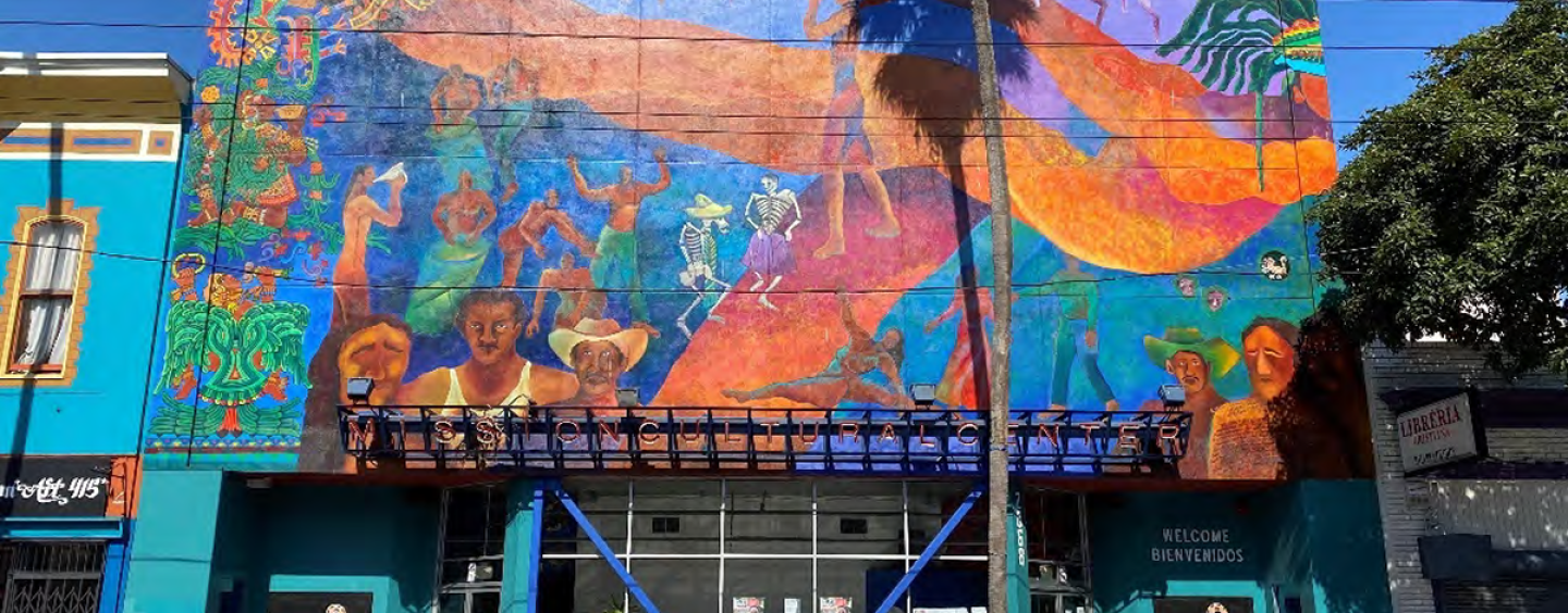 The front façade of the Mission Cultural Center for Latino Arts on a sunny day 