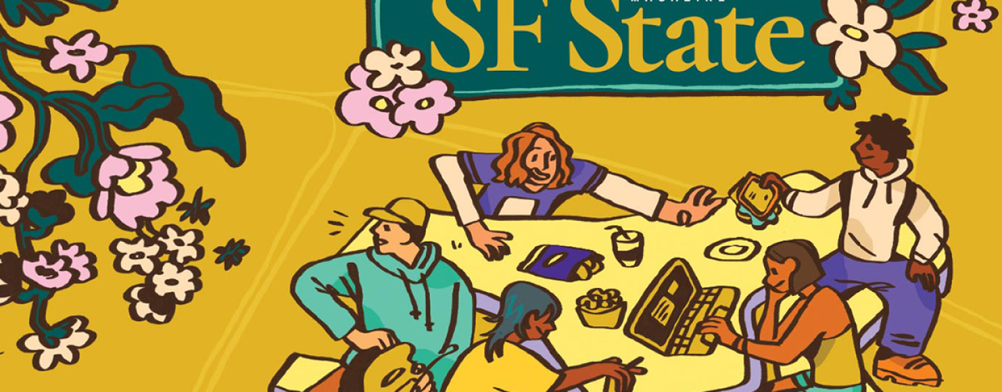 The SF State Magazine spring/summer 2025 issue cover illustration depicting students seated at tables in a dining area in front of a yellow background