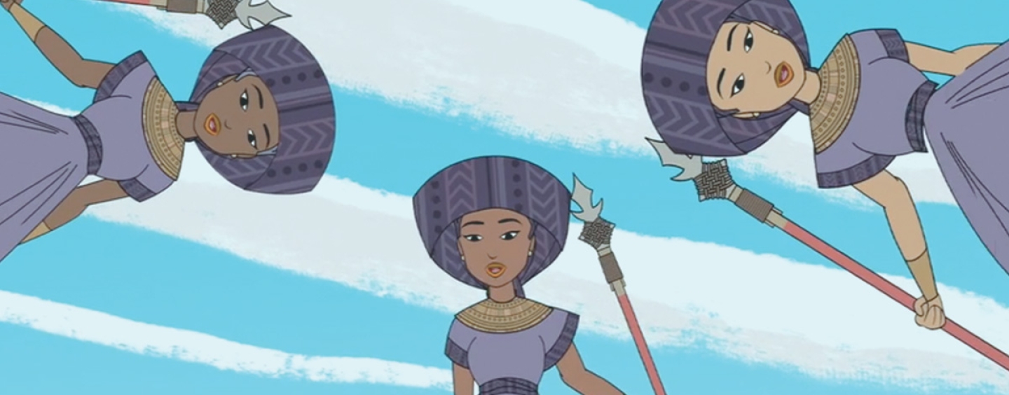 A still image from "A Pocket Magic Flute" depicting three people looking downward while wearing Egyptian crowns and holding staffs with a partly cloudy sky visible behind them