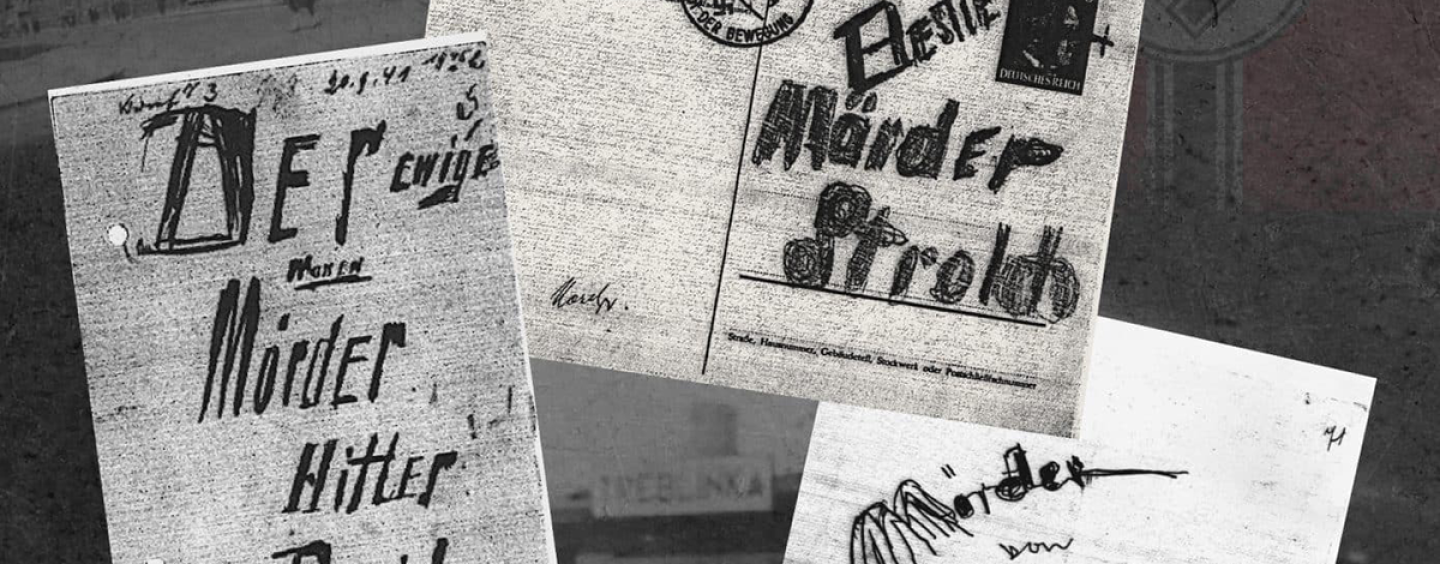 Three handwritten postcards in German by Benno Neuburger, as shown on the cover of “Postcards to Hitler.”