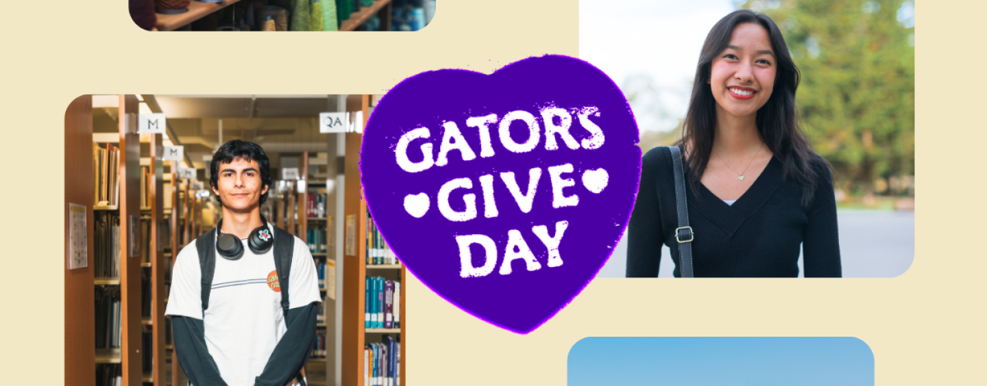 Graphic promoting Giving Day with photos of students