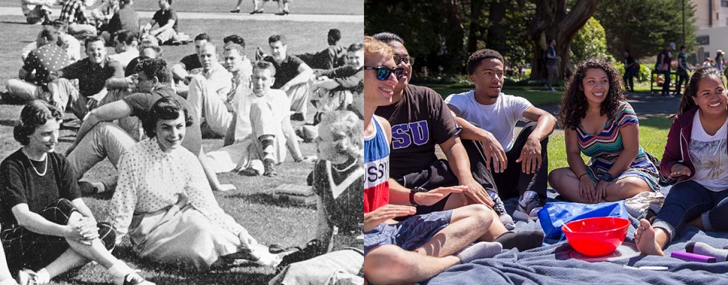 Archive photo of students (left) and current students (right) sitting in the Quad