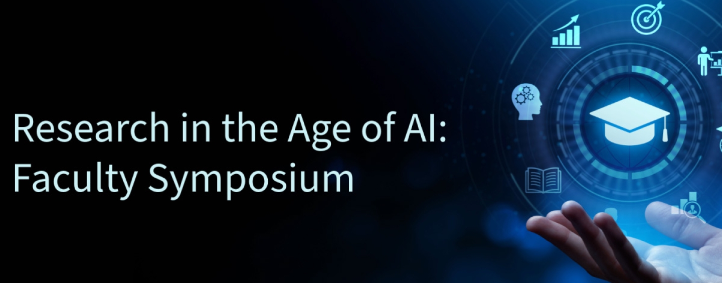 A graphic for the Research in the Age of AI Faculty Symposium featuring a hand opening up to a circle of images surrounded by a graduation cap image