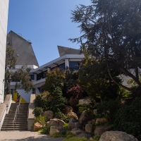  The Garden of Remembrance by Burk Hall and the Cesar Chavez Student Cneter on a sunny day