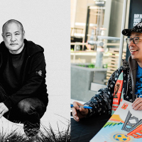 Dan Nakamura black and white photo while he crouches in grass and LeRoid David photo of him signing autographs of his poster while seated outdoors at a booth