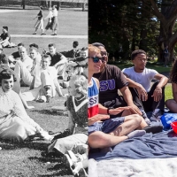 Archive photo of students (left) and current students (right) sitting in the Quad