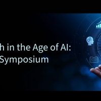 A graphic for the Research in the Age of AI Faculty Symposium featuring a hand opening up to a circle of images surrounded by a graduation cap image