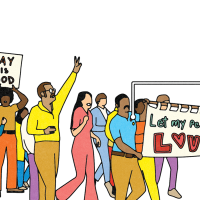 Comic art of a group of people holding signs "Gay is Good" and peace signs of Gay liberation