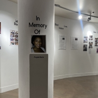 Photographs are hung in a gallery
